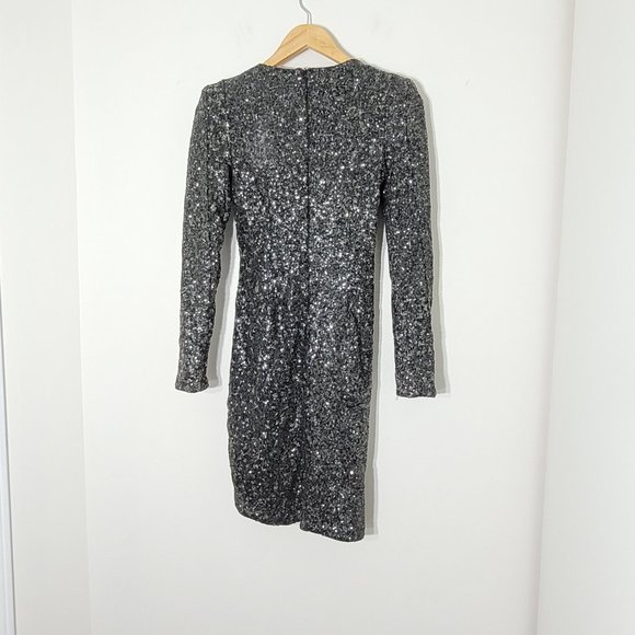 AX Paris Long Sleeve Sequin Evening Dress Surplice Neckline Silver Black Event - Picture 10 of 15